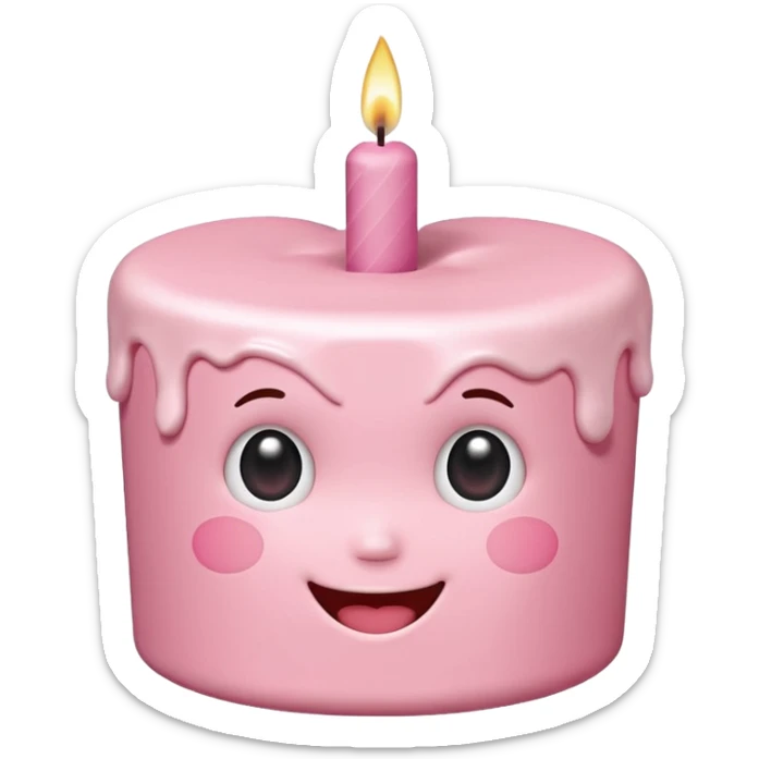 heart shaped birthday cake, pastel pink color, with one candle, kawaii cute face sticker