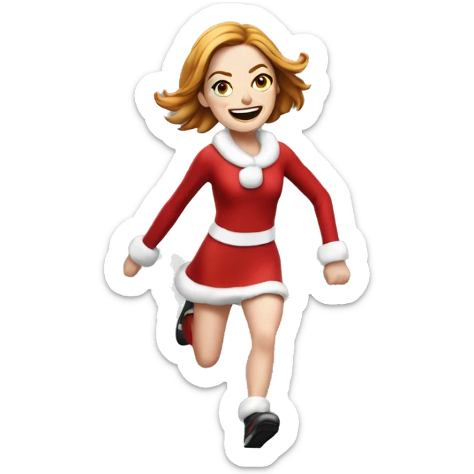 Emma Stone running emoji, with a large stride and arms outstretched, in a santa costume sticker