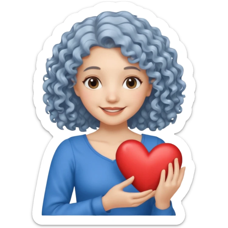 silvery curly/wavy shoulder-length hair smiling lady holding a heart thinner hair, different top sticker