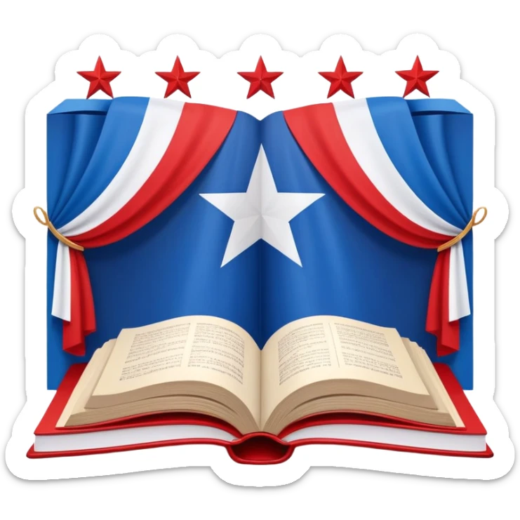 Open book about theatrical scenography with the Puerto Rican flag integrated into its pages, showing theater stage designs in red and blue colors with a white star sticker