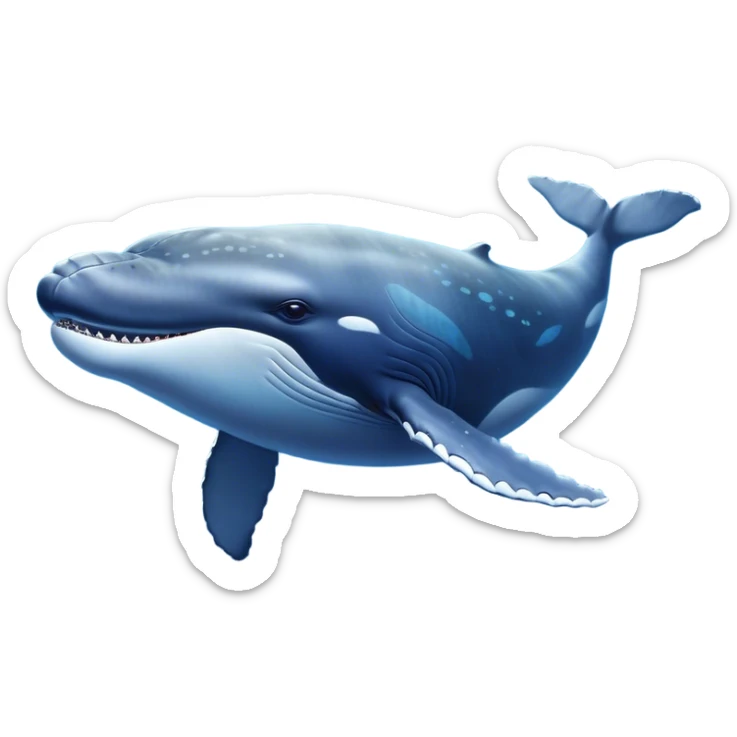 Cinematic Noble Humpback Whale Portrait Emoji, Poised and grand, with an enormous, barnacle-speckled blue-gray body, soulful, wise eyes, and a deeply serene presence, Simplified yet sharp and sophisticated features, highly detailed, glowing with a soft oceanic radiance, high shine, intelligent and powerful, stylized with an air of deep-sea mystery, focused and regal, soft glowing outline, capturing the essence of a legendary giant of the ocean that appears ready to glide majestically through the waves with effortless grace! sticker