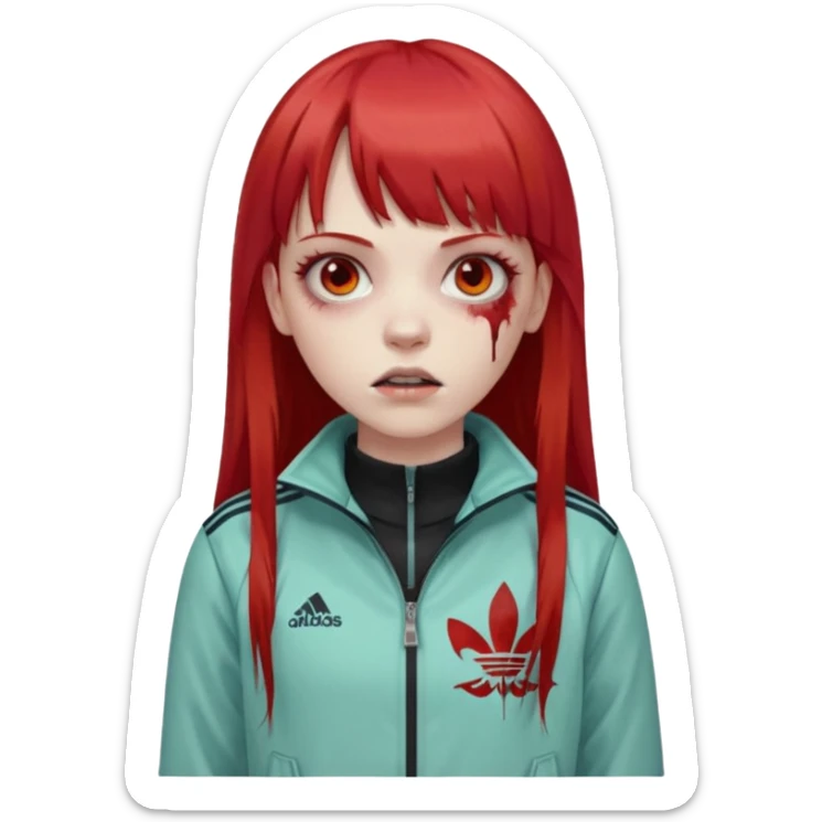 Crie um emoji de uma menina zumbi  com o cabelo vermelho longo com uma franja reta casaco de gola alta da adidas sticker