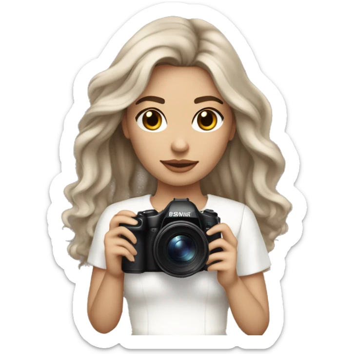 An aesthetic girl photographer, wearing off white classy outfit, her skin tone is light and hair color is ash brown. Hair style is beach waves. The hair is mid length and straight . She has a white skin tone and is holding her camera sticker