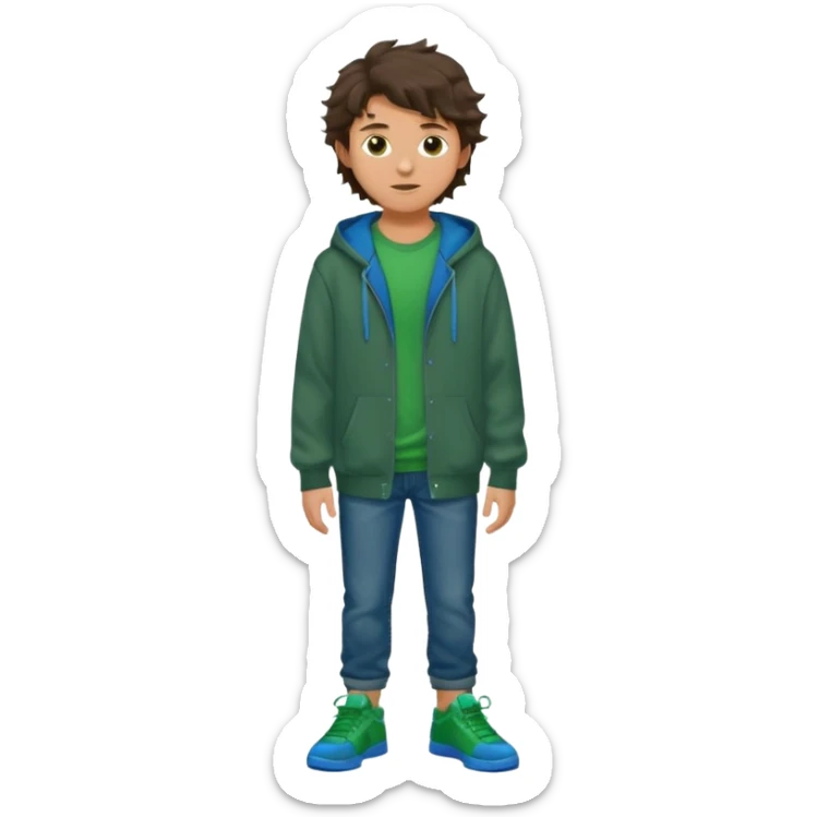 a 14 year old slightly tanned teenage boy with dark brown tousled wavy hair, wearing a green tshirt, with a dark green hoodie overcoat with blue jeans and green shoes sticker