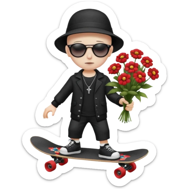 ["A sad boy with pale skin, bald, wearing a sunhat and sunglasses, dressed in goth fashion, is skateboarding while holding a flower bouquet."] sticker