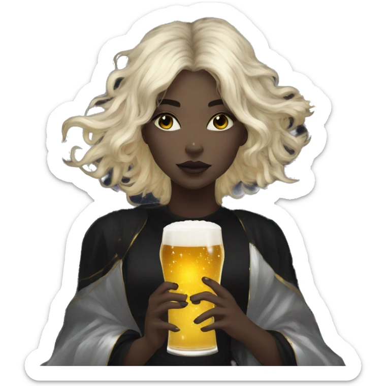 Ethereal galactic Girl wearing black and gold sat on a nebula galaxy drinking beer surrounded by golden stars and planets sticker