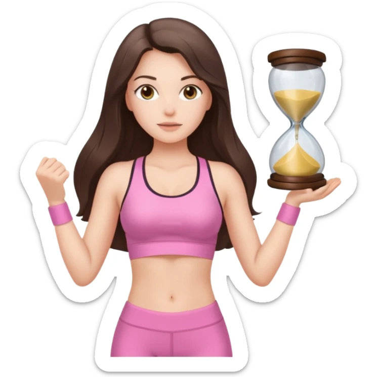 white brunette girl long hair with hazel eyes in light pink workout with hourglass figure sticker