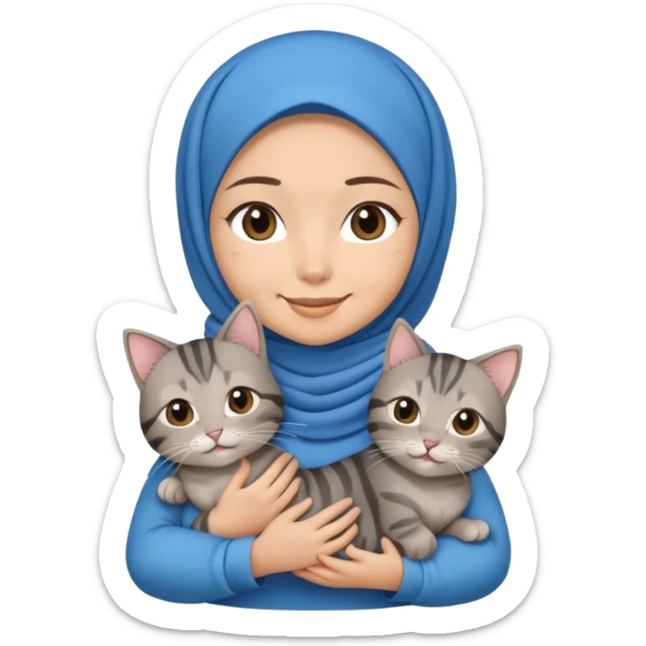 Asian white girl wearing blue hijab with dress holding a black grey tabby cat while smiling sticker
