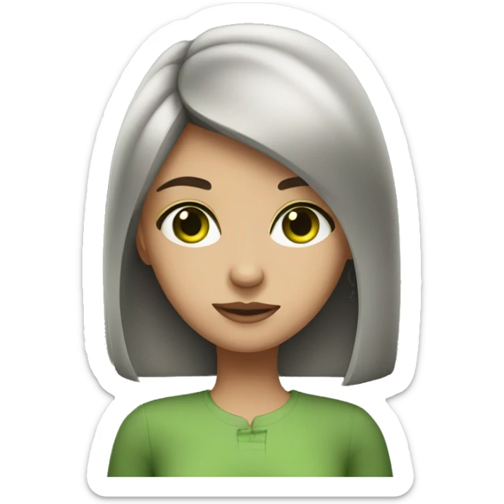 A girl with dark brown hair, green eyes and a snub nose sticker