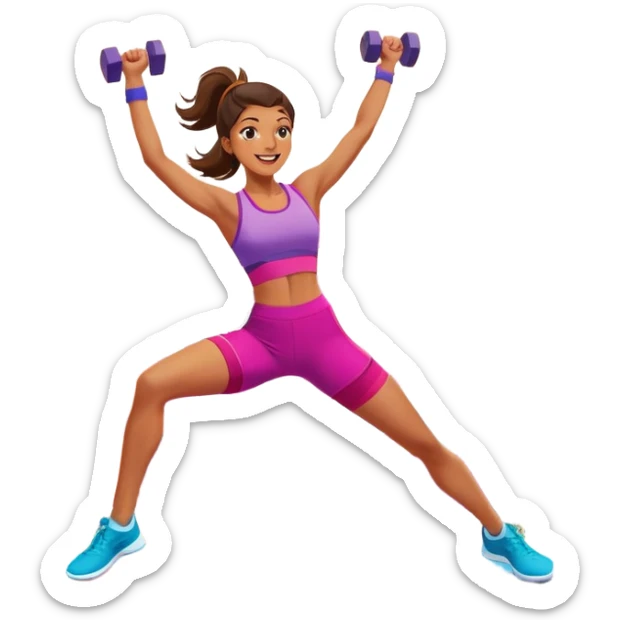 An energetic person performing an aerobics workout in a brightly lit gym, jumping and stretching with enthusiasm. The scene includes vibrant fitness equipment like dumbbells and exercise mats, with a background of cheerful, motivating colors, conveying energy and movement. sticker