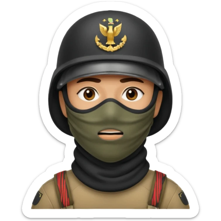 
an Iraqi soldier with a serious face, wearing a helmet and a balaclava covering his mouth sticker
