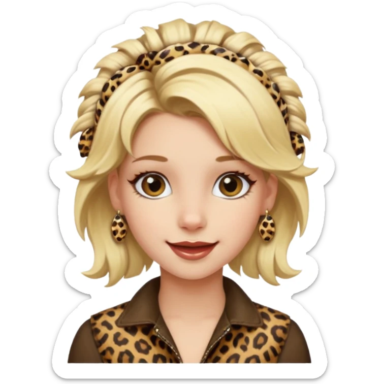 Une fille blonde et joyeuse. Elle porte une coiffure rock et originale avec des barrettes léopard et motif peau de vache. sticker