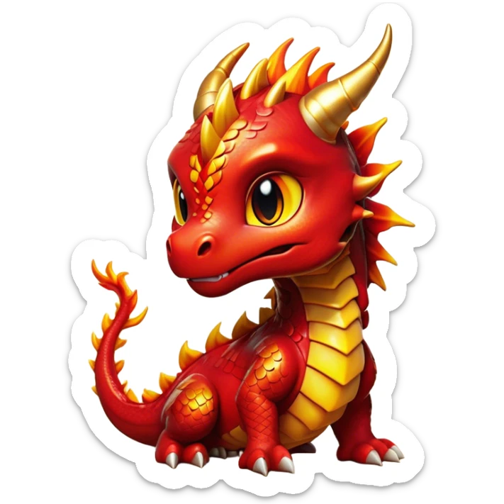 Cinematic Cute Fierce Fire Dragon Portrait Emoji, Head tilted playfully and inquisitively, showcasing a robust, flame-embellished form with intricately detailed scales in vibrant reds and glistening golds, accented by flickering ember highlights and a warm, inviting glow; rendered with lifelike detail and radiant natural light, high shine, spirited yet endearing, styled with a touch of blazing whimsy, soft glowing outline, capturing the essence of a mischievous yet charming inferno that seems ready to dance with playful fire! sticker