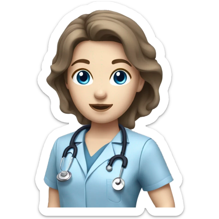 female doctor with brown hair blue eyes pale skin blue stethoscope and grey scrub top sticker