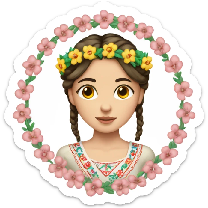 a brunette girl with a braid in a Ukrainian embroidered shirt and a wreath of flowers on her head sticker