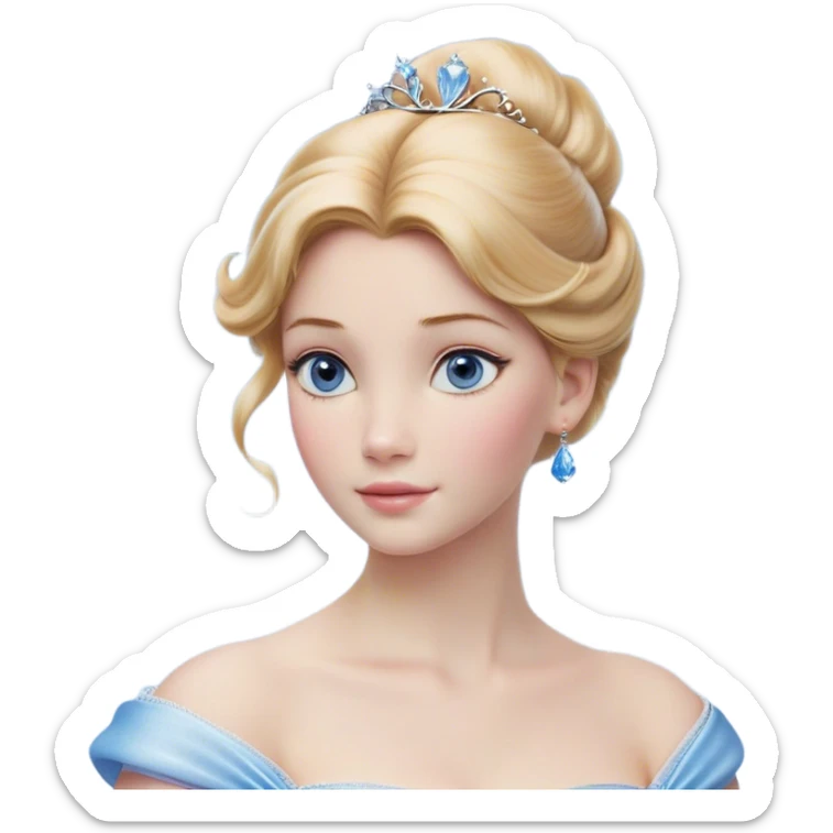 Cinematic Realistic Cinderella Portrait, depicted with lifelike skin texture, subtle rosy undertones, and soft natural lighting that enhances the gentle contours of her face. Her intricately detailed golden blonde hair is elegantly styled in an updo, with delicate wisps framing her face. Her deep, expressive blue eyes radiate warmth and sincerity, reflecting a quiet resilience and grace. She holds a glass slipper gently in one hand, her other hand resting gracefully at her side, emphasizing the timeless beauty of the moment. She is dressed in her iconic ball gown, the fabric shimmering with intricate embroidery and fine translucent layers that catch the light beautifully. The soft sheen of satin gloves adds a magical touch to her graceful pose. The portrait features an enchanting glow with a natural, luminous finish, seamlessly blending realism and fairytale charm to evoke a sense of depth, elegance, and timeless beauty. sticker