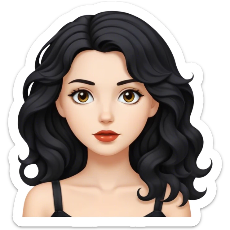 A white girl with sholder length black wavy hair with colar bone and sedusive face sticker