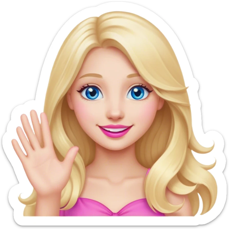 A beautiful blonde girl with long hair, blue eyes, pink lips and a sweet smile  arm hello sticker