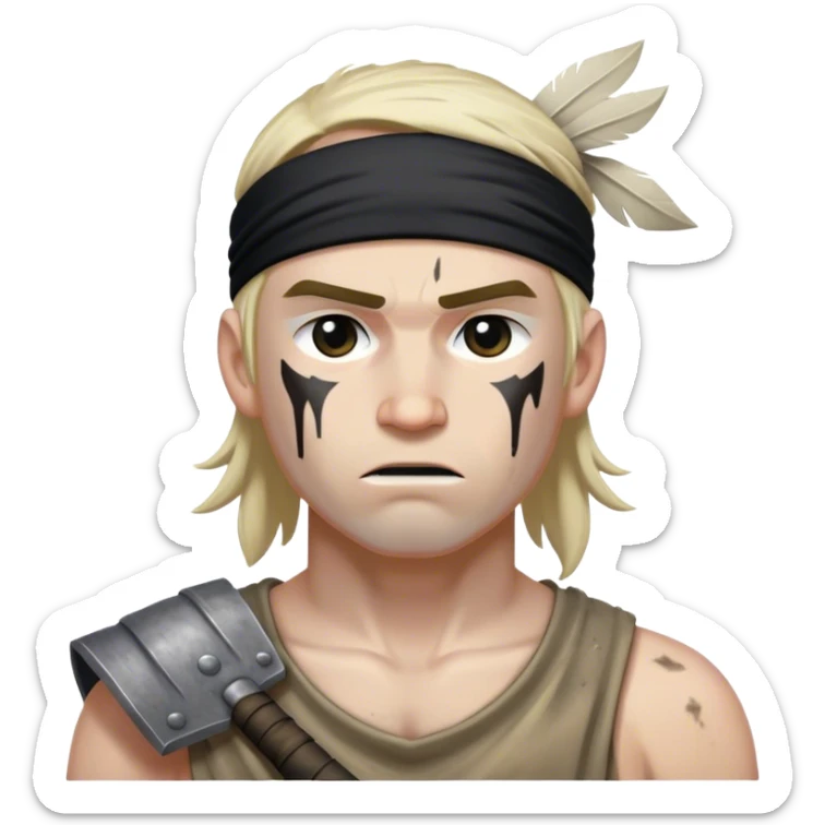 A battle-worn warrior with a black headband, sweat and dirt streaked across his pale skin sticker