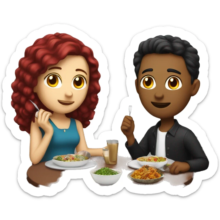 Girl with burgundy hair and brunette guy sitting at the table eating dinner sticker