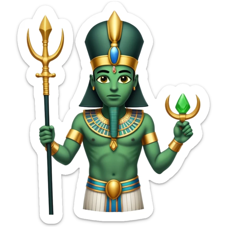 Ancient Egyptian god Osiris with green skin, Atef crown, and holding crook and flail sticker
