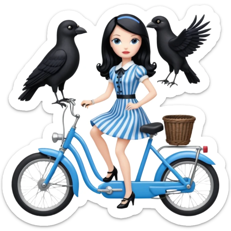 1920s coal hair Silkstone Marie Antoinette Barbie Wednesday Addams from academy in a blue and black vertically-striped classic dress. riding hot rod bikes with crows sticker