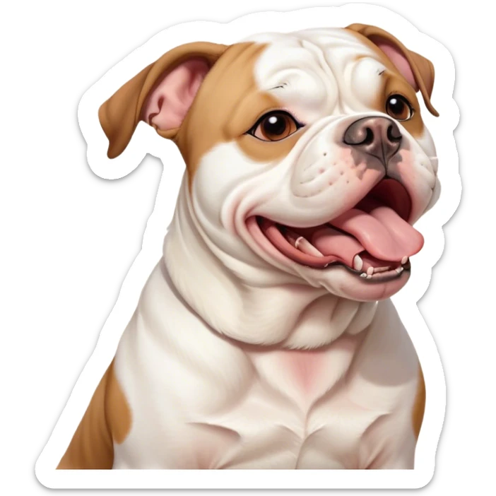 Cinematic Cute Yawning White and Brown American Bulldog Portrait Emoji, Head tilted slightly with a dramatic, wide-open yawn, soft white fur with bold brown patches, floppy ears slightly drooping, round brown eyes barely open in drowsy contentment, Simplified yet irresistibly adorable features, highly detailed, glowing with a soft, cozy glow, high shine, relaxed yet expressive, stylized with a touch of whimsy, bright and endearing, soft glowing outline, capturing the essence of a sleepy yet affectionate pup, so drowsy it feels like it could stretch right out of the screen and curl up for a nap! sticker