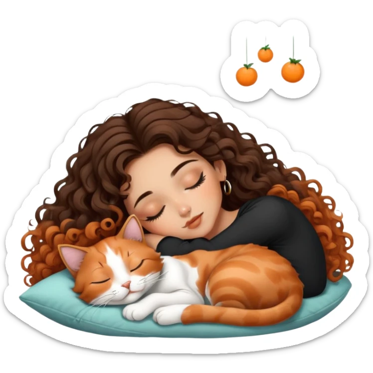 cute balayage brunette curly/wavy haired girl, hoop earrings clean girl makeup sleeping beauty laying next to her sleeping calico orange black white cat  sticker