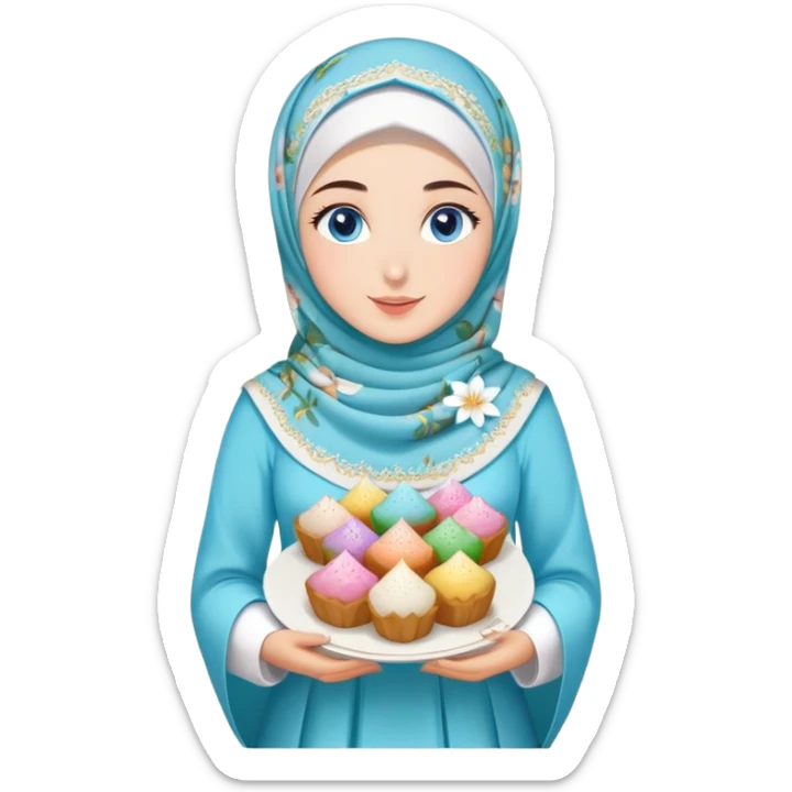 Turkish beautiful finish Konya girl blue eyes with lily floral hijab islamic dress and had on her hand text Eid Mubarak with sweets and celebrating with her friends eid days   sticker