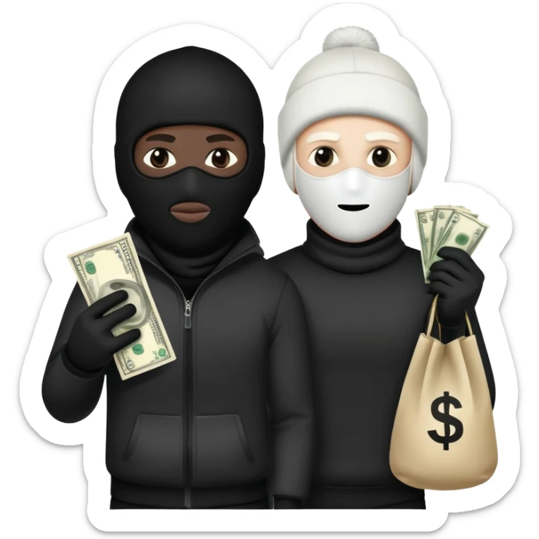 Two men one with white skin color and the other black skin color and both wearing black Ski masks holding money bag sticker