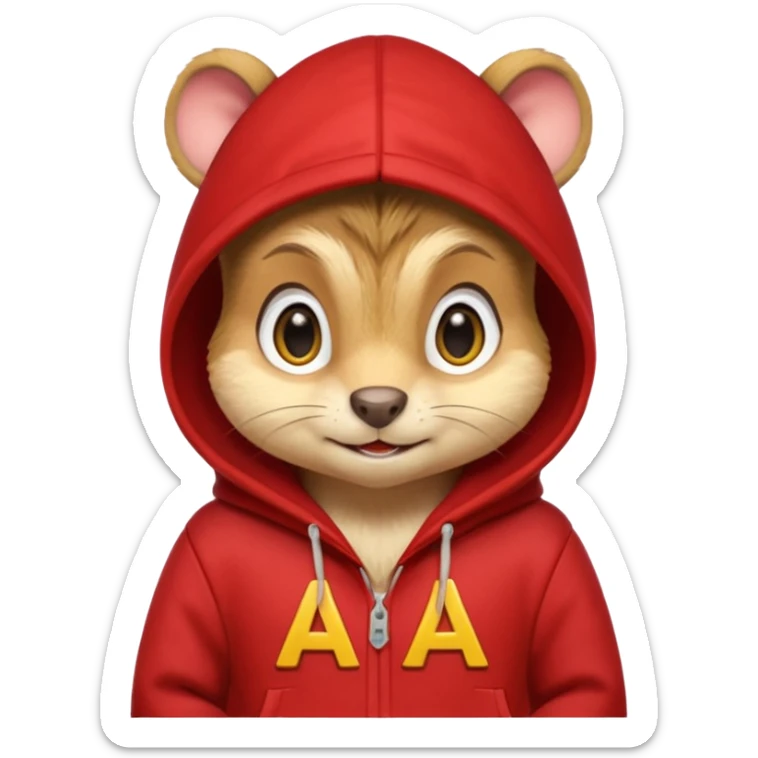 Portrait of a cartoon chipmunk with light brown and beige fur, wearing a red hoodie with a yellow 'A' on it, big round eyes, small nose, and a mischievous grin, front-facing, stylized in animated movie style sticker