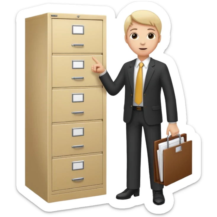 A person in business attire pointing to a tall filing cabinet, indicating document organization. sticker