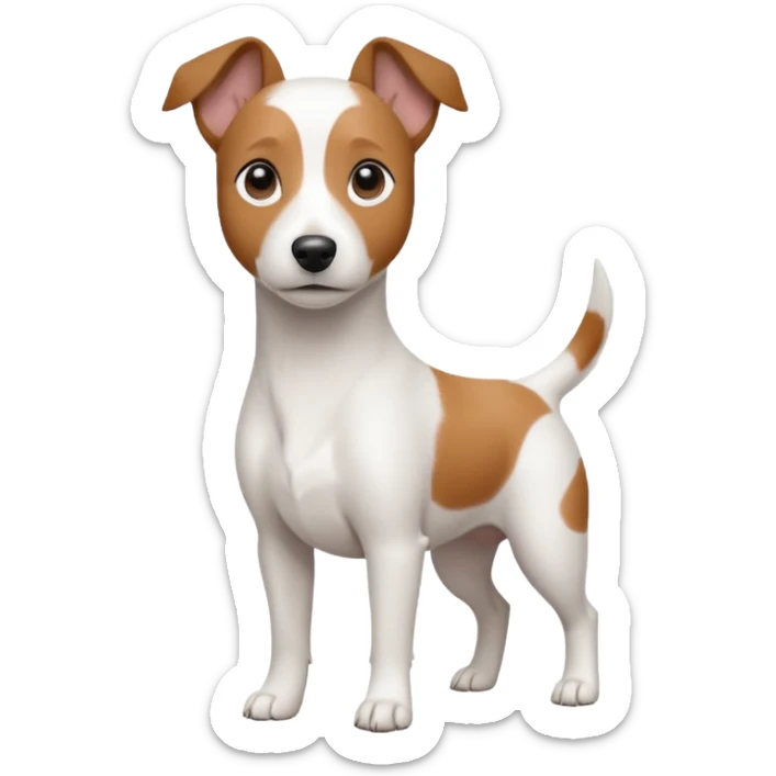 a fully white jack russell the size of a kelpie with floppy ears and a half white face sticker