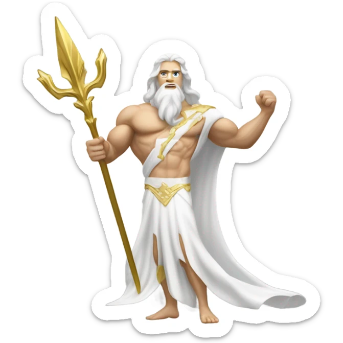 white Poseidon with gold Trident. long white hair white dress. show biceps muscle sticker