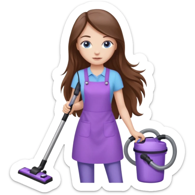 beautiful girl with long brown hair, blue eyes and wearing light purple clothes, cleaning and vacuuming sticker