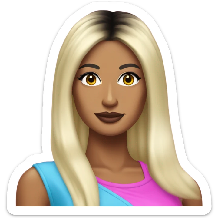 Tanned woman with long black hair, dressed in y2k Paris Hilton hair, makeup, and neon attire sticker