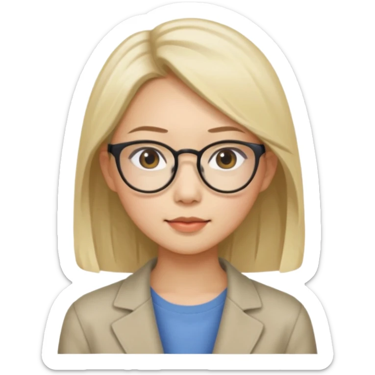 asian looking female with slight blonde hair a little longer  with eye glasses, fair complexion not that pointed nose but slighty little eye please make the hair longer shoulder length sticker