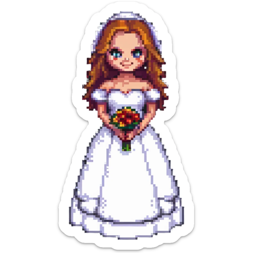 Chucky's bride in a wedding dress standing and smiling in pixel art style sticker