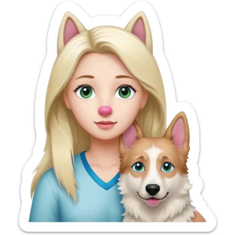 White European young woman with blue-green eyes and long blond hair with her white German Shepherd dog,the Dog has a pink nose and short fur  and Brown eyes sticker