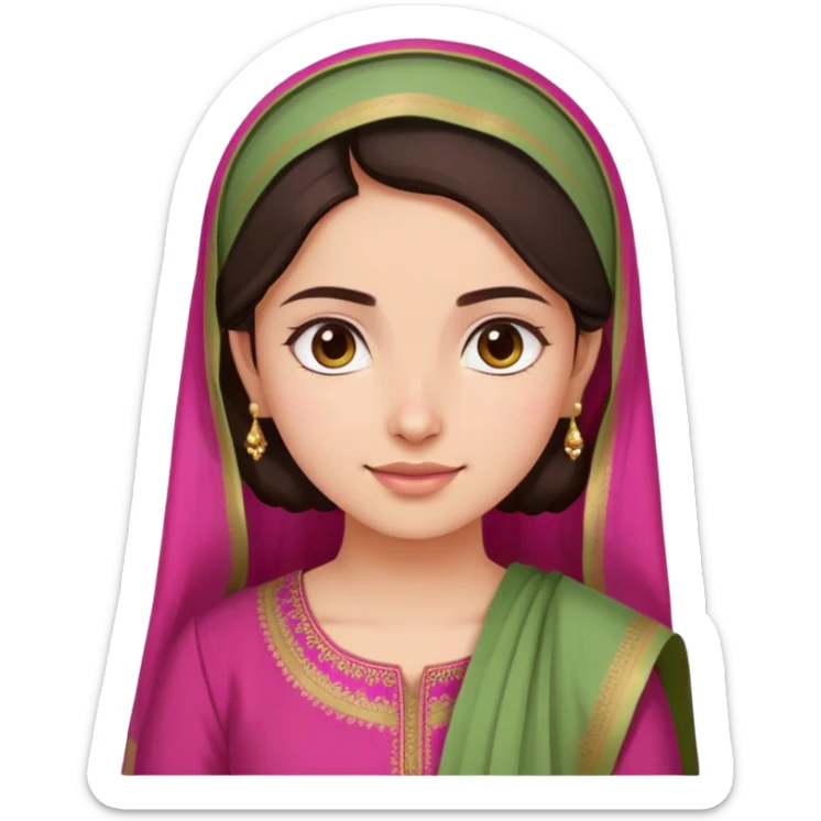 girl with light wheatish skin, dark brown hair, wearing dark pink kurti with sage green dupatta on head sticker