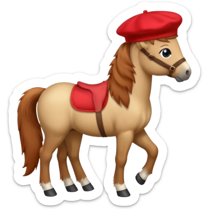A cute pony (horse) emoji, full body, standing in side view, wearing a stylish red beret. sticker