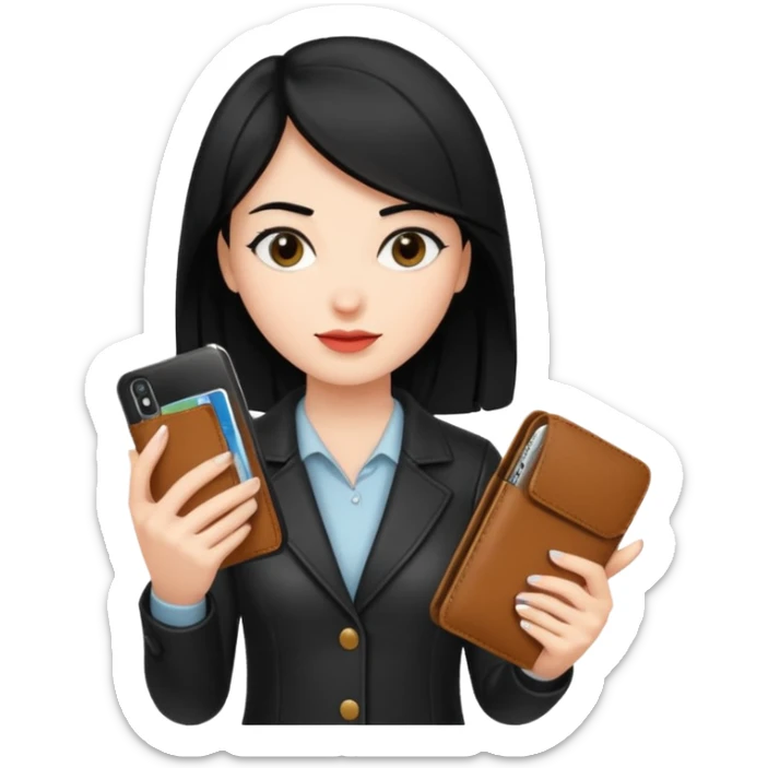 Mujer con cel y cartera  con el pelo negro y color de piel mas blanquita sticker
