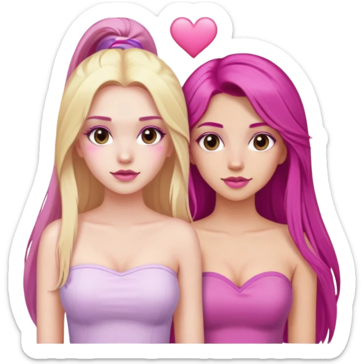 gorgeous pale girl with long magenta hair latina makeup next to a gorgeous blonde girl with blonde hair brown eyes and a light pink heart above them both wearing tube tops sticker