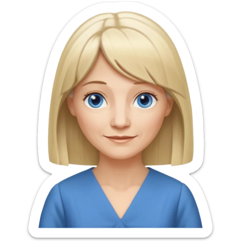 50 yr old white woman, hippie parted very long hair, short bangs, very long straight blond hair, oval face, small smile, blue eyes, thin face, hair downback, hair parted at center of head, round cheeks, pale, longer hair, business dress sticker