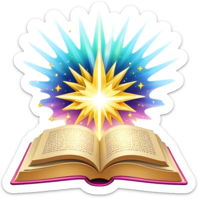 Un libro con un aura de colores vibrantes, con destellos dorados flotando a su alrededor,  un rayo de luz atravesándolo, simbolizando la explosión de creatividad sin miedo. book of creative art colors power  sticker