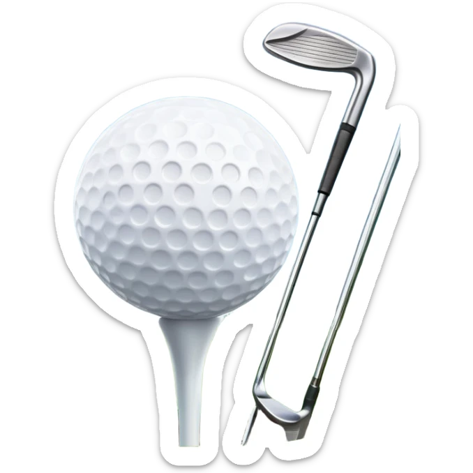 A golf ball on a tee, with a golf club placed beside it on the lush green fairway. The background shows a serene golf course with neatly trimmed grass and a clear blue sky, emphasizing the elegance and precision of the game. sticker