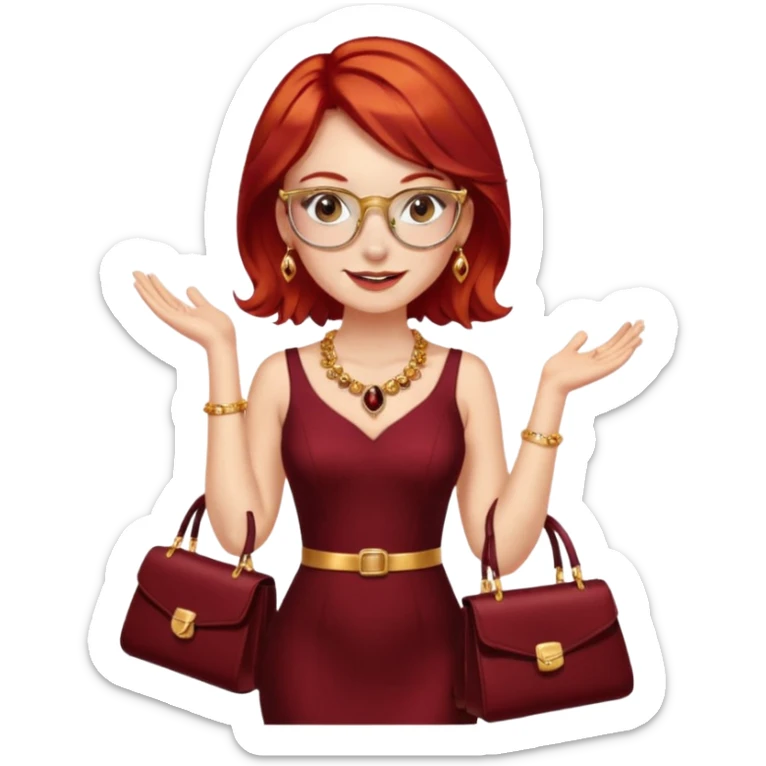 chica pelo rojizo pendientes de oro gafas doradas pecas collar granate vestido brillante dorado tacones dorados medias marrones bolso negro y de fondo una gala sticker