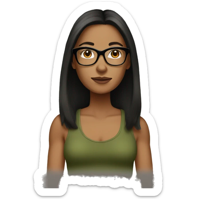 40 year old woman white with black straight hair with a olive green tank top with glasses tortoise  sticker
