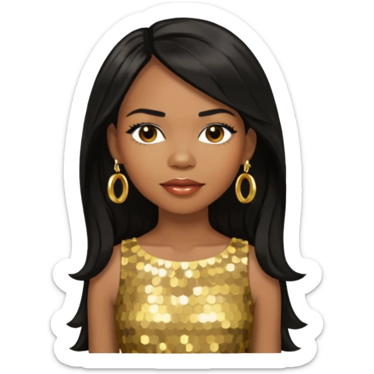 Michelle Williams R&B Singer, Long Black Hair, Medium Dark Skin, Brown Eyes, Gold Dress with earrings sticker