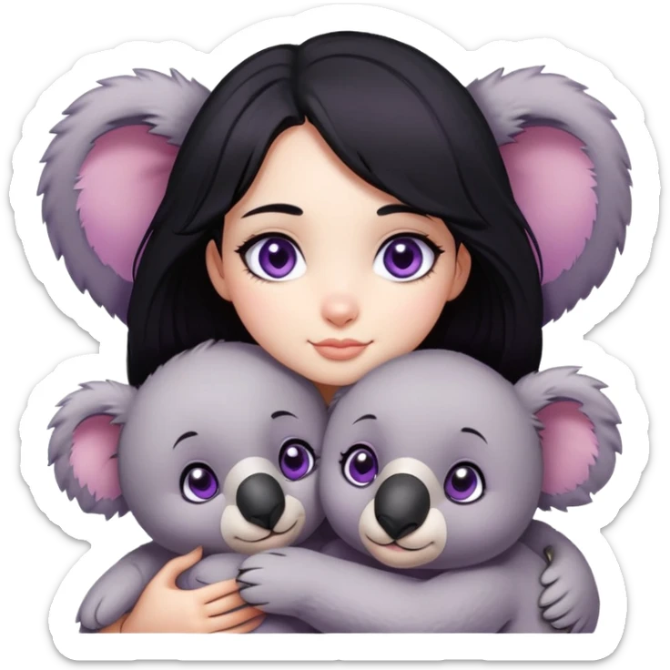 Emoji of a girl with purple eyes and black hairs hugging a stuffed koala  sticker
